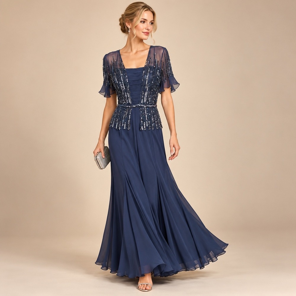 Jovani Vintage Y2K Navy Beaded Sequin Bodice Chiffon Gown Size 10 SONY